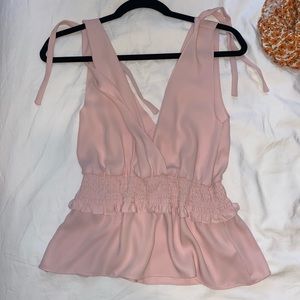 Amanda Uprichard Smocked Shoulder Tie Blush Pink Blouse